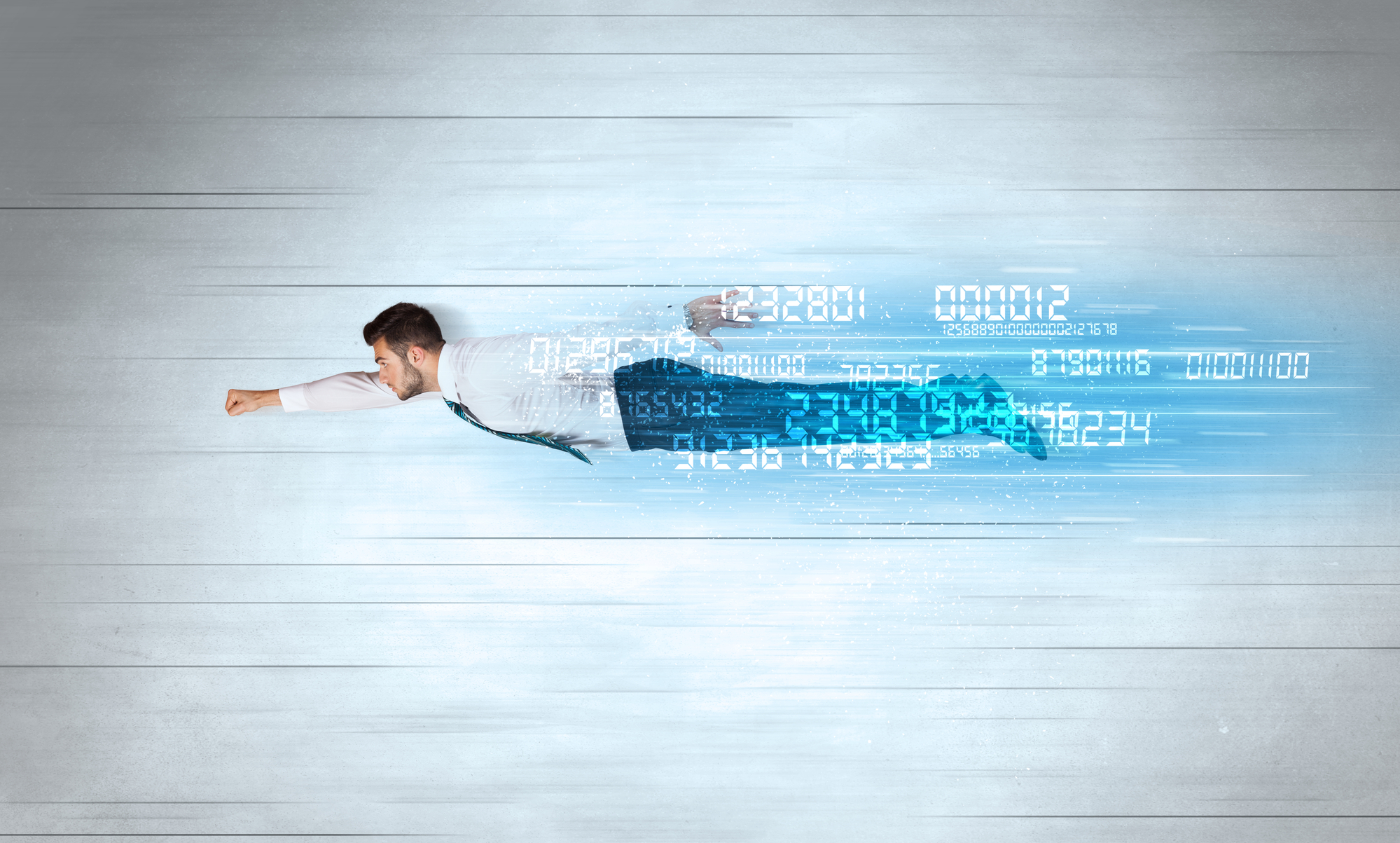 Businessman flying super fast with data numbers left behind concept