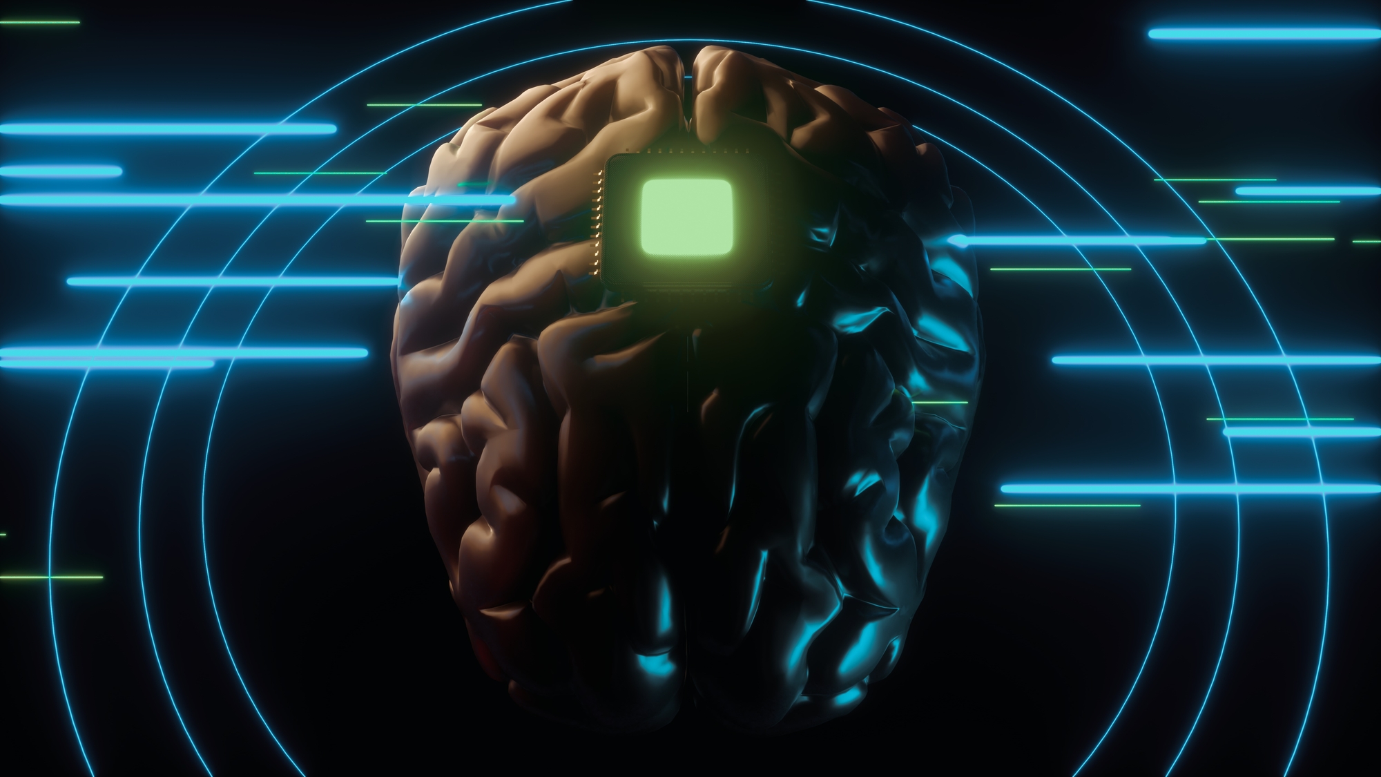 Human brain with computer chip and neon data lines. Neuro interface and machine learning concept 3d render