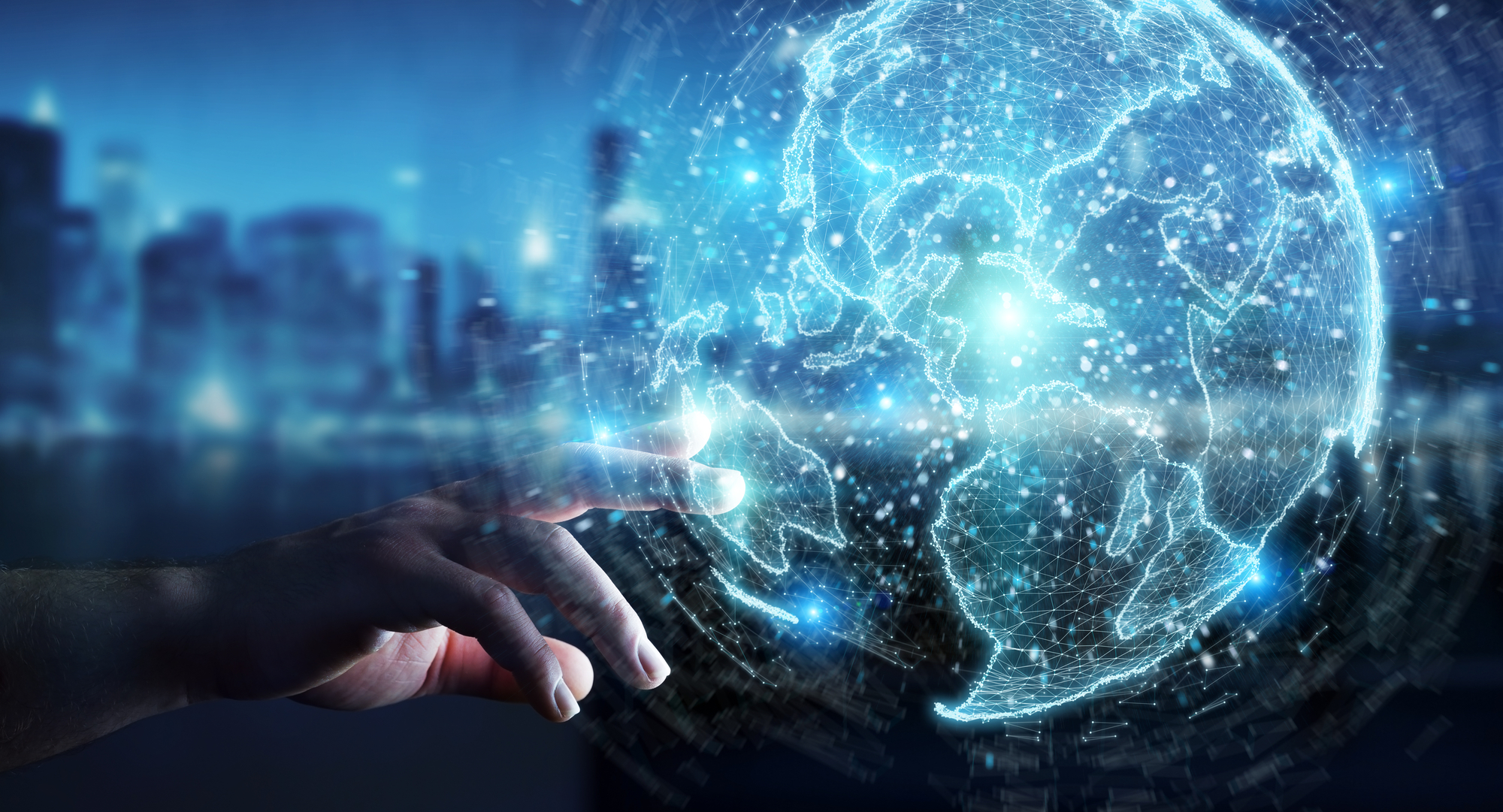 Businessman on blurred background using globe network hologram with America Usa map 3D rendering