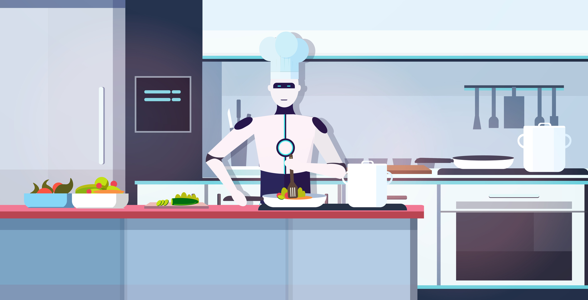 modern robot chef cooking dish robotic cook preparing food artificial intelligence technology culinary concept modern kitchen interior horizontal portrait vector illustration