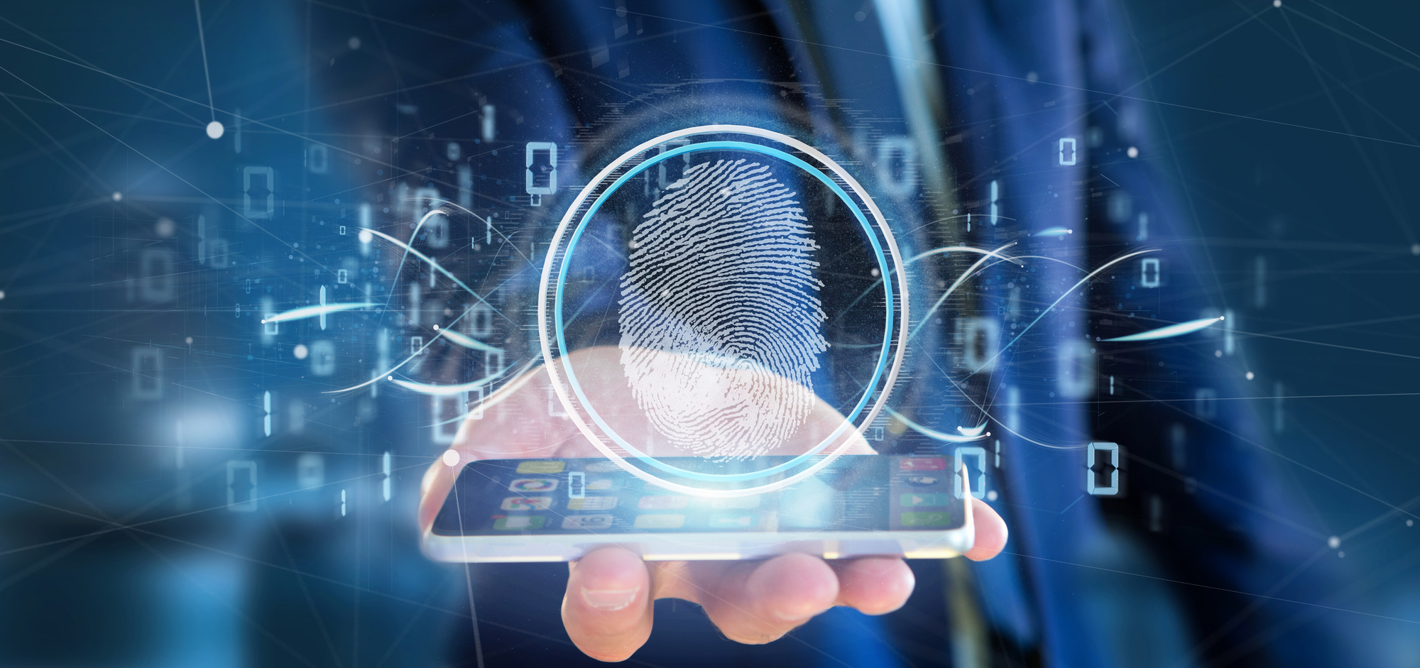 View of a Businessman holding a Digital fingerprint identification and binary code 3d rendering